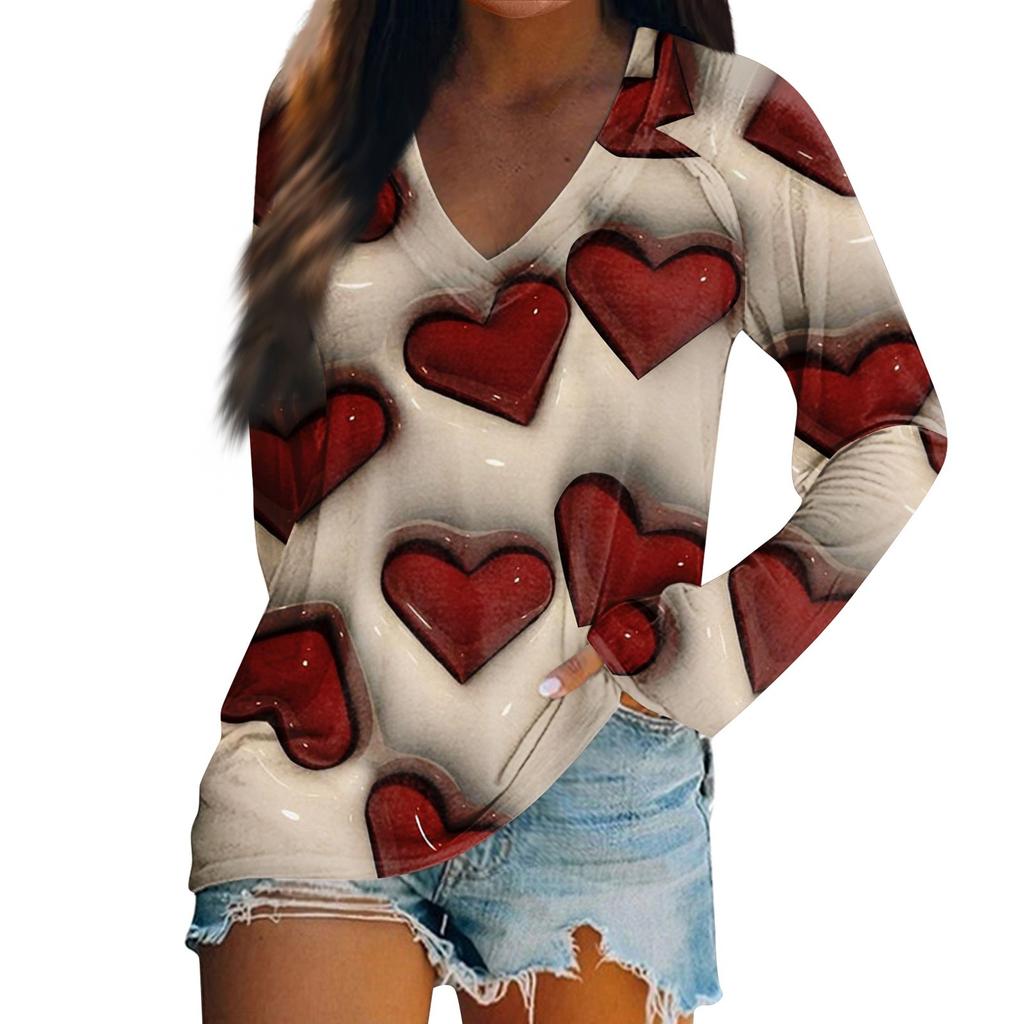 Women's Long Sleeved T-shirt V-neck Valentine's Day Print Casual And Comfortable Top