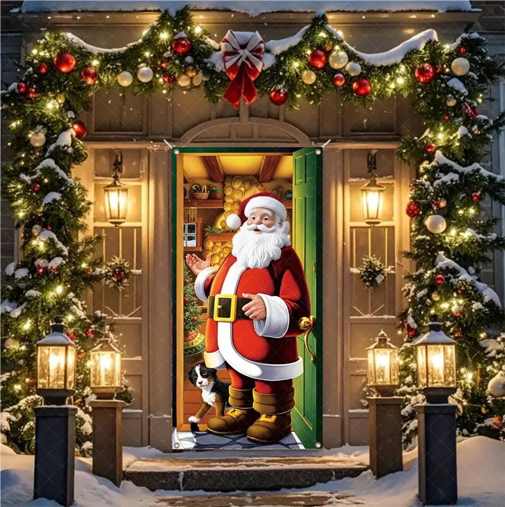 Christmas Santa And Elk Theme Backdrop Nut Cracker Snowman Door Banner Indoor Outdoor Veranda Door Cover Photography Background