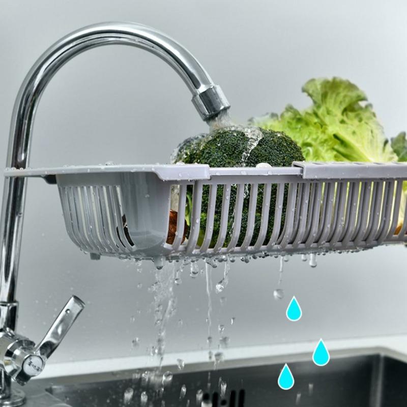 Kitchen Retractable Drain Basket Tableware Storage Racks Fruits Vegetables Cleaning Basin Plastics Water Channel Drain Basket
