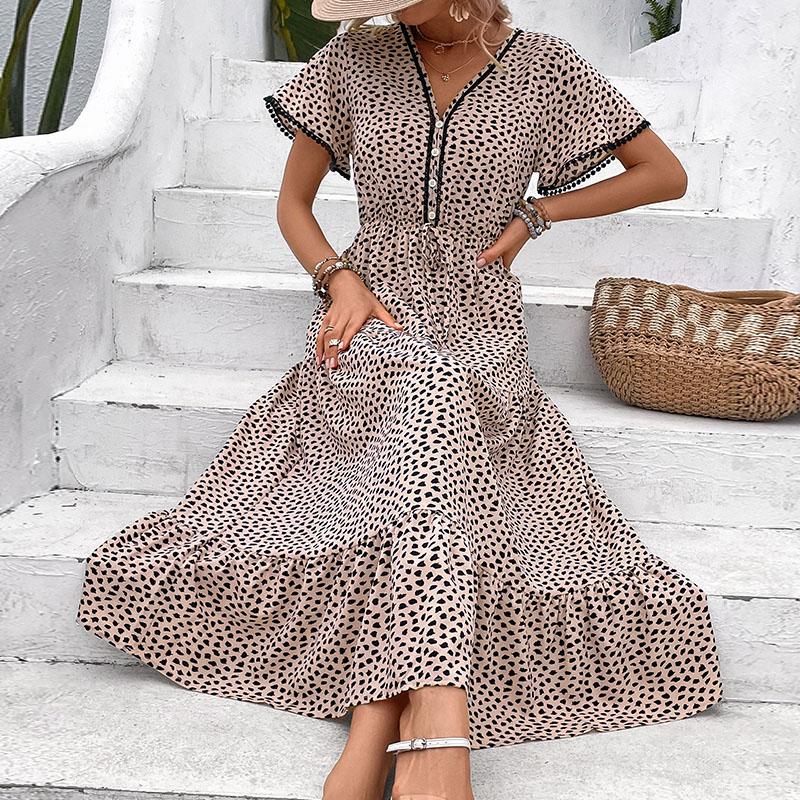 YYFS Женская мода лето весна леопардовый принт с коротким рукавом V-образным вырезом повседневные платья