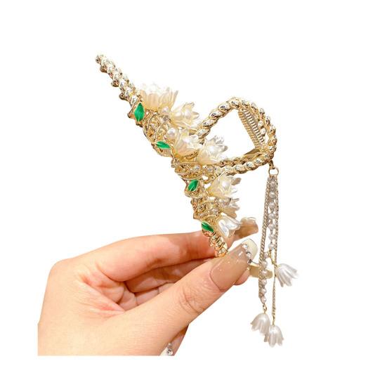 Women Hair Claw Shiny Rhinestones Faux Pearls Butterflies Decor Hair Clip Back Head Tassel Hair Decoration