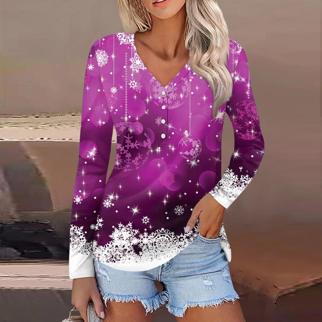 Women's Casual Fashion Sexy Comfort Christmas Printed V-Neck Button Long Sleeve