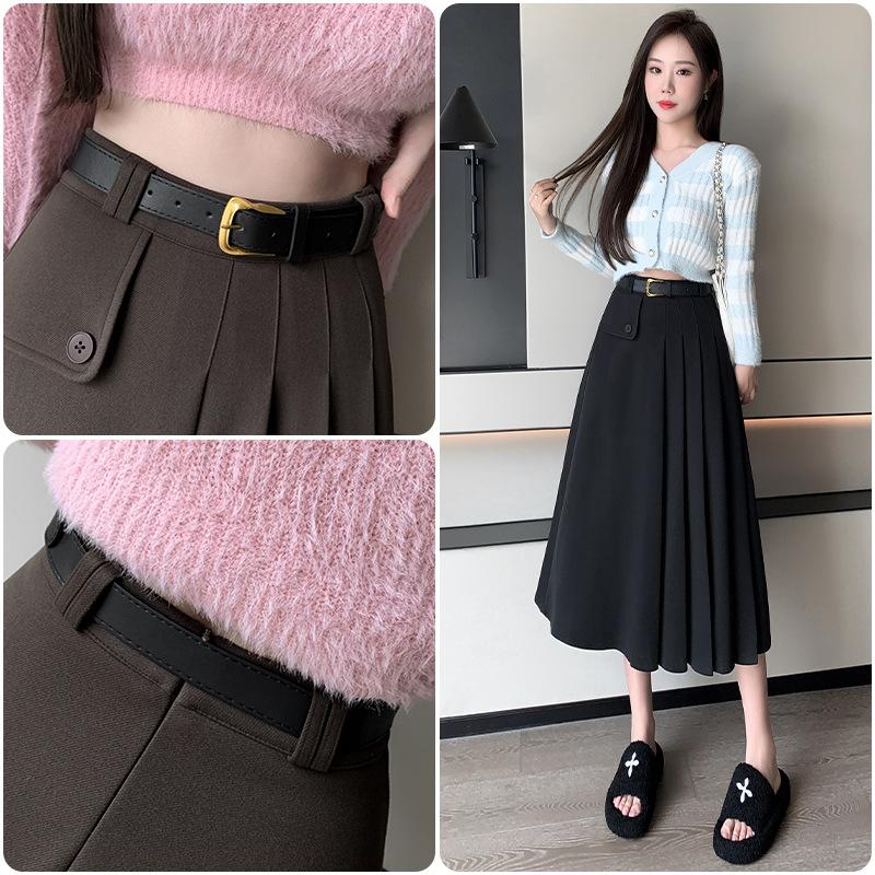 Winter Woolen Pleated Skirt for Women Elegant Fashion High Waist A-line Midi Black Skirts Office Ladies