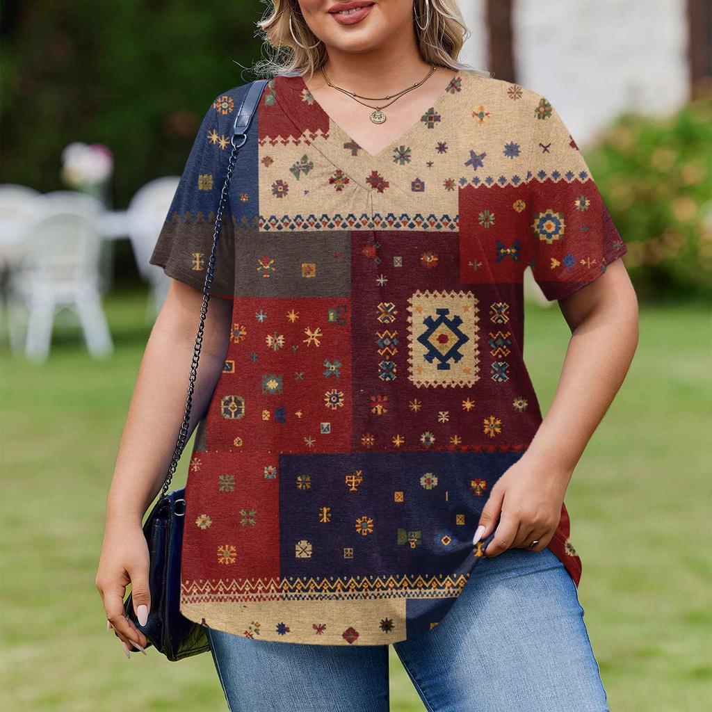 Женская модная повседневная свободная блузка большого размера с коротким рукавом, элегантная с V-образным вырезом, для работы