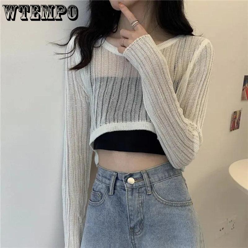 Women Breathable O-neck Hollow Out Sun Shading Summer Crop Tops Girl Elegant Loose Korean Style Trendy Solid Shawls