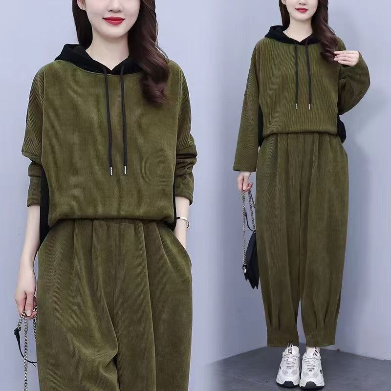 Повседневный модный костюм с капюшоном большого размера, осенний вельветовый костюм большого размера для полной мамы, облегающий повседневный костюм-двойка