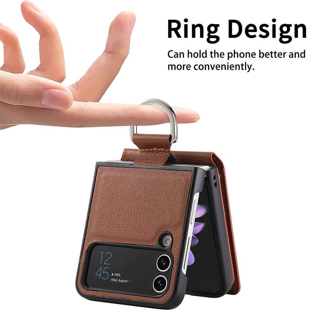 Anti-Falling Finger Ring Card Holder Leather Case for Samsung Galaxy Z Flip 4 Flip4 5G Flip3 Flip5 Flip 3 5 Zflip3 Phone Cover