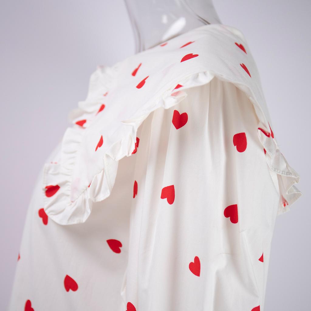 Spring and Autumn Women's Cotton Shirt Love Printed Shirt Doll Collar Lantern Sleeve Shirt