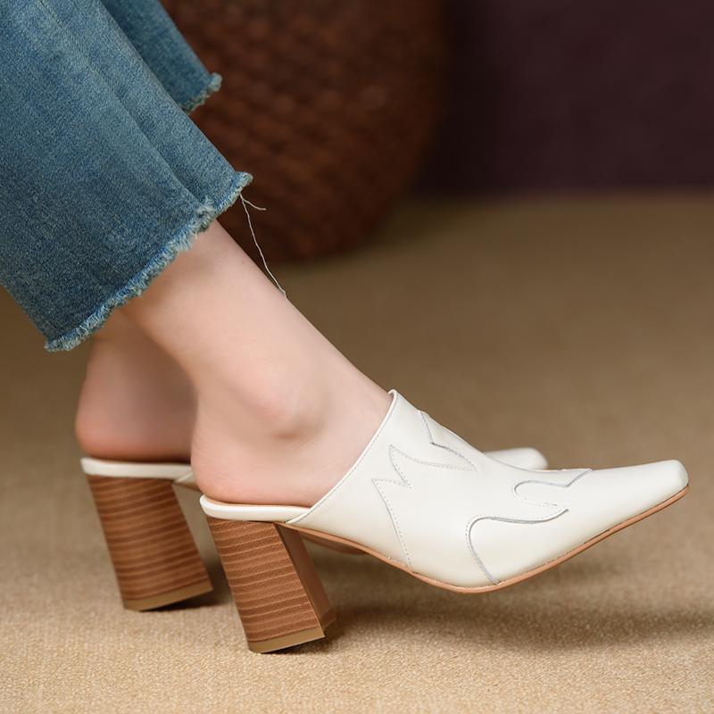 2024 Женские Новые Летние Европейские и Американские Кожаные Квадратные Туфли Baotou Muller на Высоком Каблуке для Женщин