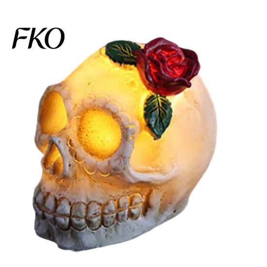 Halloween Ambient Light Gothic Up Skull Rose Flower Figurine, Day of Dead Resin Party Decorations Statue, Spooky Skeleton Head Lamp for Desk