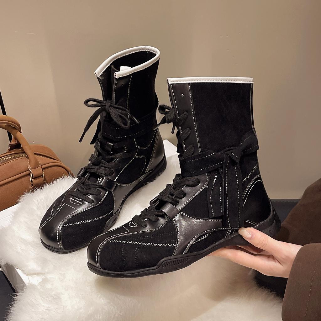 Fashion Fashion Lace Up Mid Calf Boots Women Y2K Gothic Low Heels Motorcycles Boots Woman Pu Leather Patchwork Punk Riding Botas Mujer