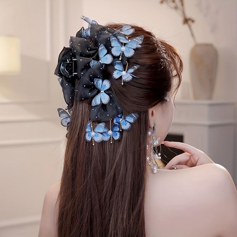 Elegant Butterfly Acrylic Hair Clip, large size with tassel and color block design, sweet trendy style, perfect for hairstyling and Valentine's Day.