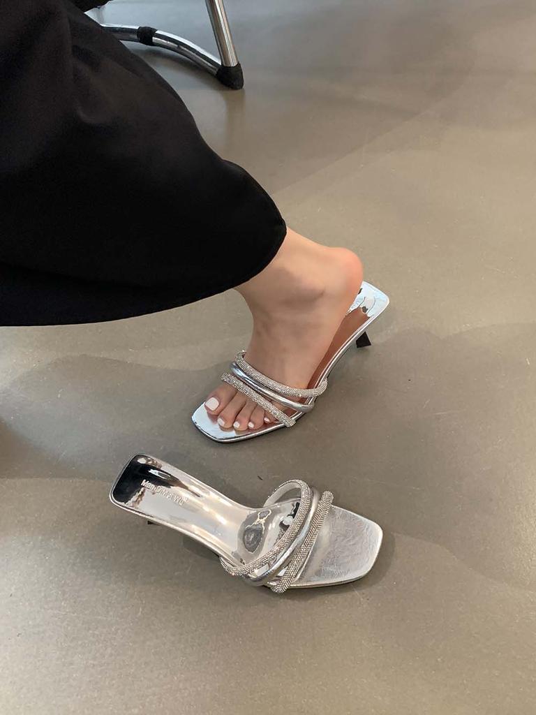 Fashion Open Toe Women Slides Slippers Summer Outside Thin High Heels Patent Leather Crystal Dress Shoes Stiletto Pumps Silver White 39