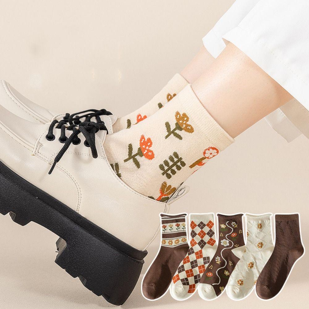 Thickened Floral Print Socks Sweet Knitted Mid-tube Socks Flower Middle Tube Socks  Female
