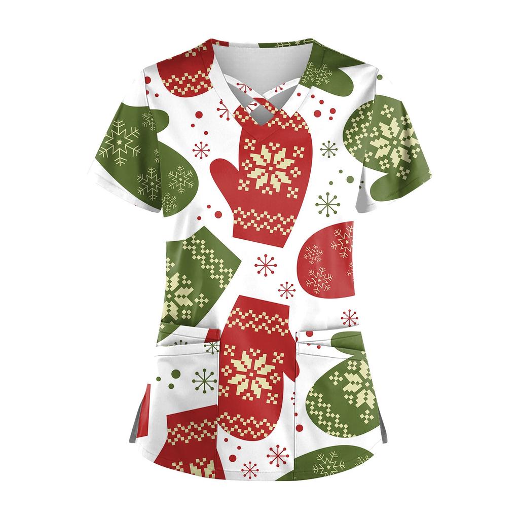 Women's Short Sleeve Stagger V Neck Christmas Print Pocket Dry-nurse Top