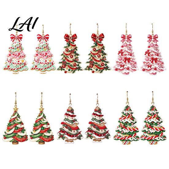 Women Fashion Earrings Christmas 2D Acrylic Earrings Colorful Tree Dangle with Bow Holiday Jewelry Decor Lightweight Drop Jewelry Decorations