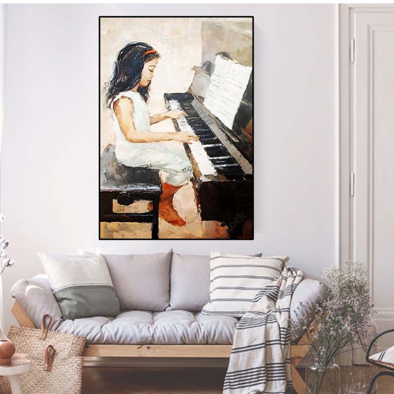 Рамка из цельного дерева, современная винтажная игра на пианино для девочек, картина маслом на холсте, постеры и принты, настенная картина для декора гостиной