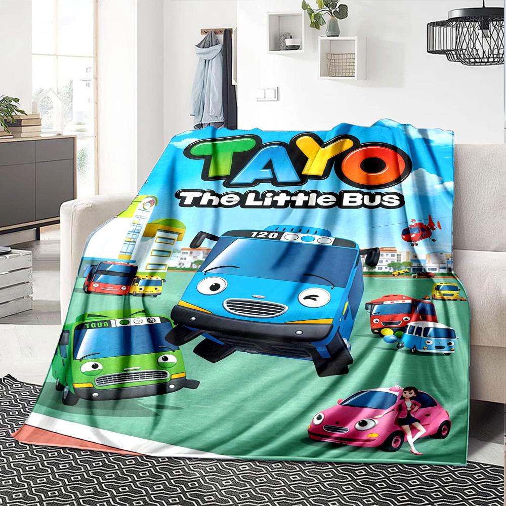 Tayo the Little Bus Print Flannel Blanket High Quality Warm Comfortable Cover for All Seasons Perfect for Gifts Home Decor