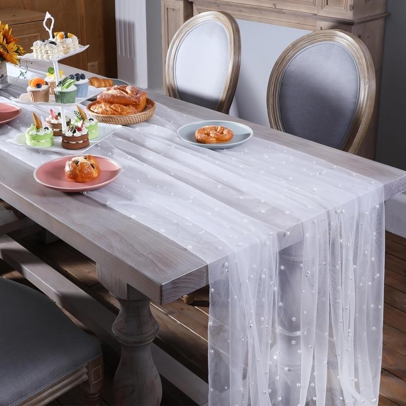 Wedding Pearl Chiffon Decorative Tablecloth Solid Color Mesh Dessert Tablecloth Lace Bridal For Wedding Birthday Party Supplies