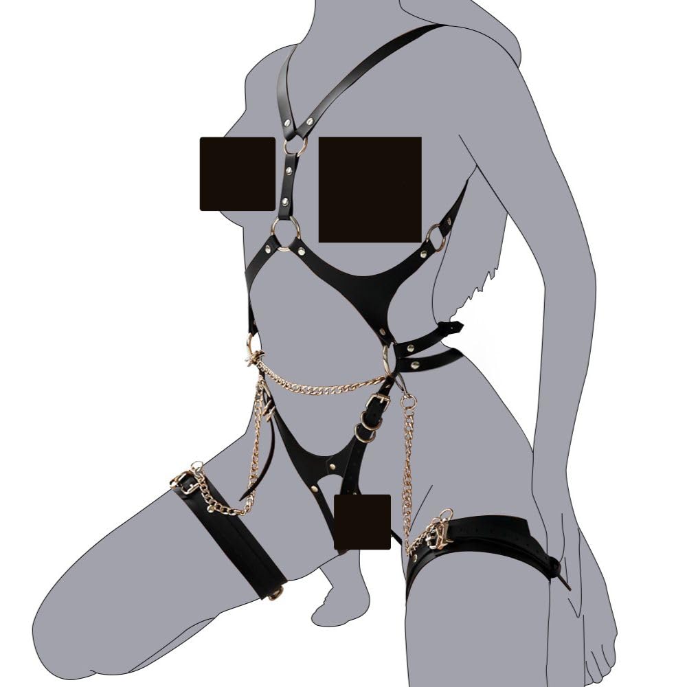 Bondage Cosplay Faux Leather Body Harness with Chain SM Belt Black PU One Size Fits Most [MONEON] Women's