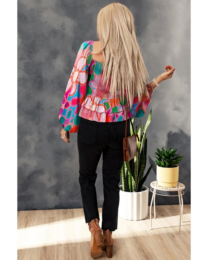 Azura Exchange Multicolor Floral Print Smocked Square Neck Ruffles Blouse