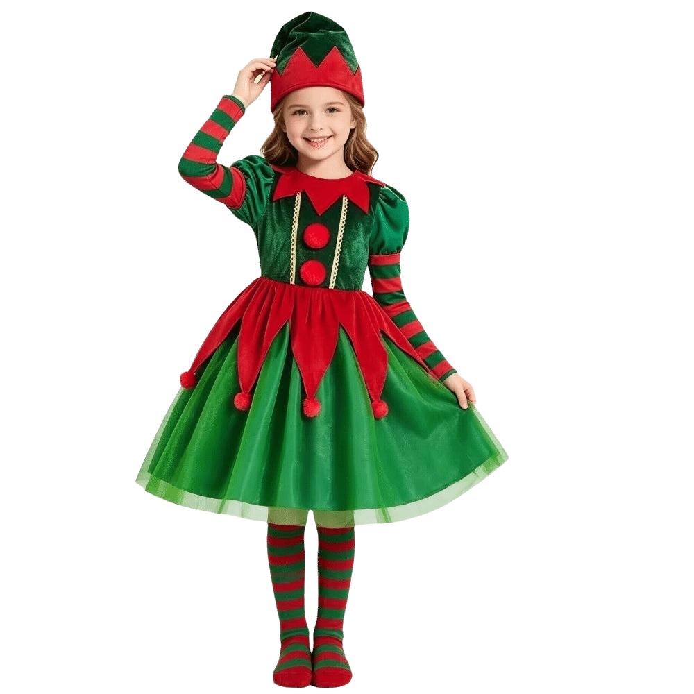 Long Sleeve Children's Elf Outfits Role Playing Elf Dress Suit for Girls Christmas