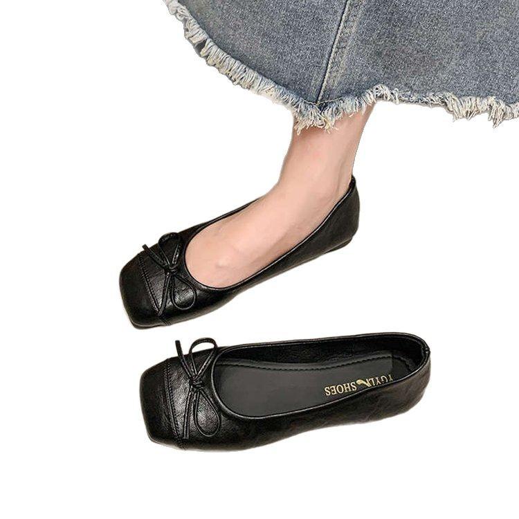 Французский нежный ветер одинарная обувь женская обувь весна 2025 новая квадратный носок неглубокий вырез бант удобные универсальные туфли-бини