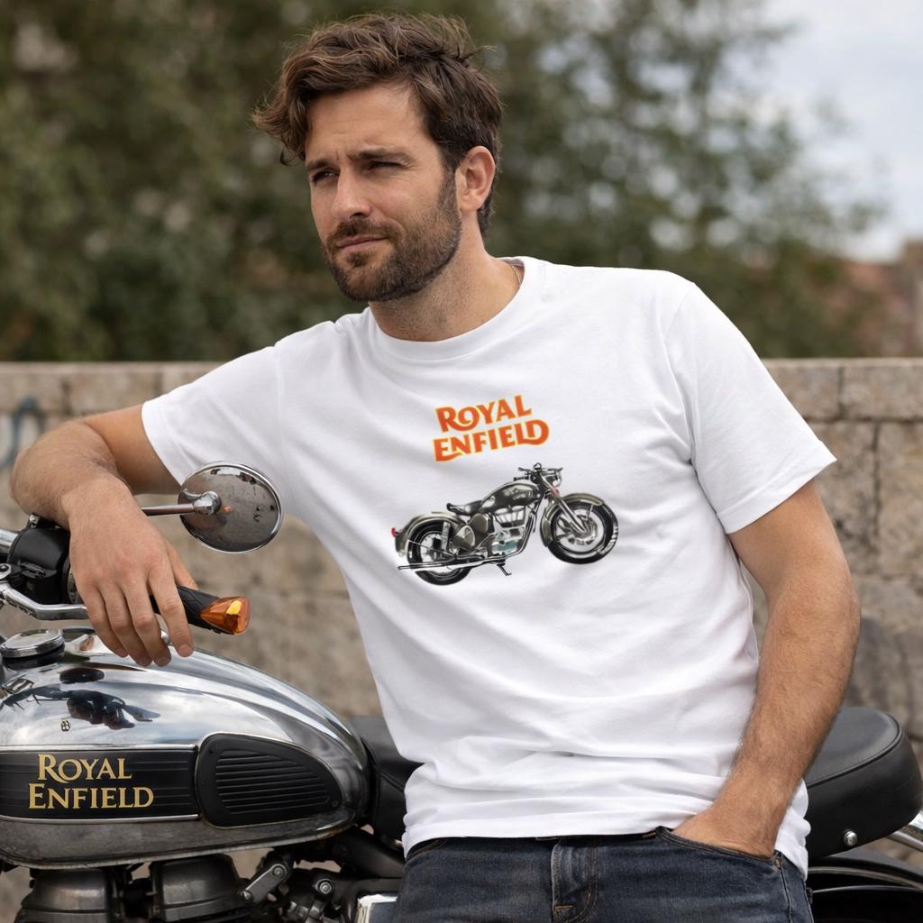 Футболка Royal Enfield: Футболка в винтажном стиле с мотоциклом, Унисекс футболка с принтом, Хлопковая футболка в винтажном стиле