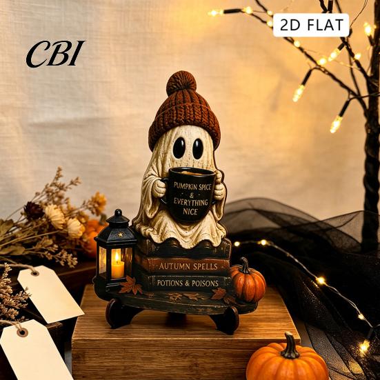 Cute Ghost Figurine Halloween Reading Figurine, Wooden Desktop Ornaments, Vintage Fall Fireplace Decorations Statue with Stand for Home Tabletop Shelf