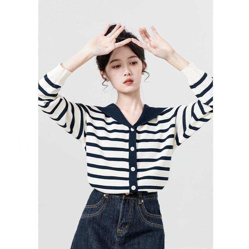 Navy Collar Long-sleeved Knitted Cardigan Women's Spring and Autumn New Design Sense Niche Contrasting Color Thin Sweater Short Top
