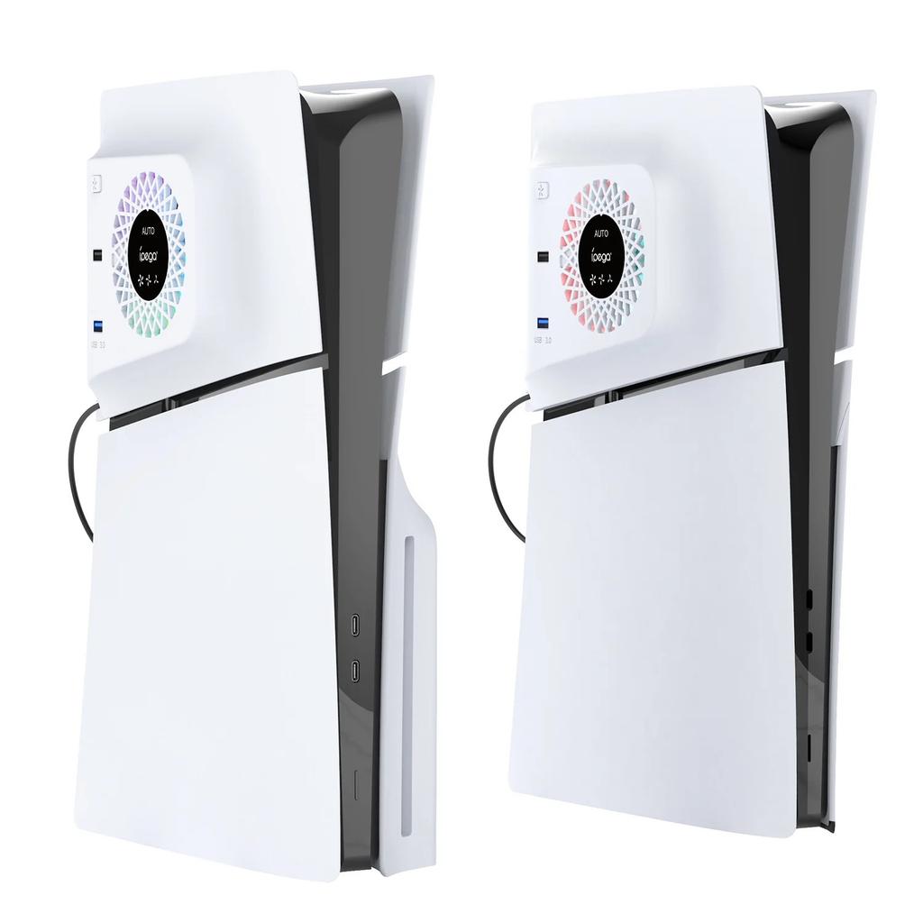 Вентилятор охлаждения RGB с защитной пластиной для PS5 Slim Digital/Disc, автоматическая регулировка скорости с помощью датчика температуры, 3 ручных скорости вентилятора и концентраторы USB3.0, система охлаждения