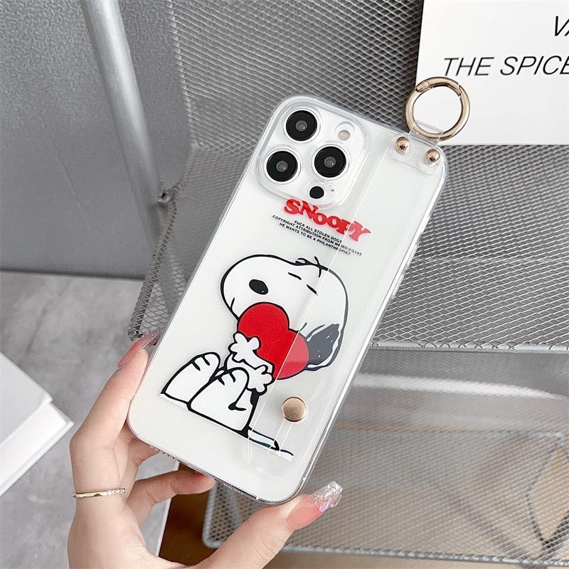 Cute cartoon Snoopy 3D Love Heart Lanyard Wrist Strap Stand Clear TPU Phone Case For iPhone 11 12 13 14 15 16 Pro Max Plus Cover