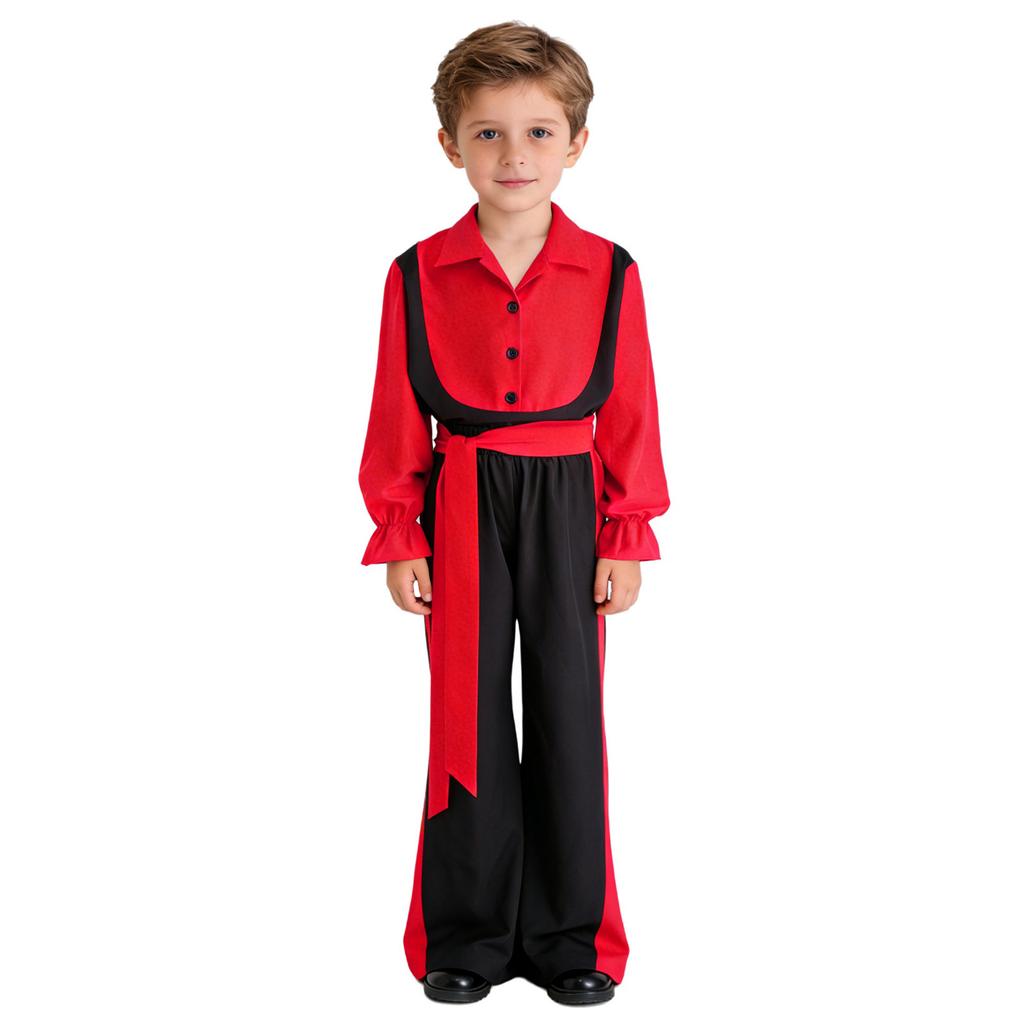 Boys Flamenco Dance Outfit Color Block Turn Down Collar Long Puff Sleeve Pullover Shirt Elastic Waistband Pants Belt