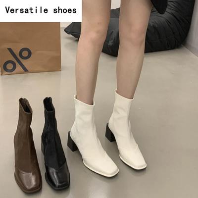 Осенне-зимние женские ботильоны с квадратным носком, модные дизайнерские винтажные короткие ботильоны, лаконичные туфли на толстом высоком каблуке