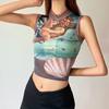 Новые летние женские уличные короткие топы без рукавов, пупок, жилет с 3D винтажным узором, топы без рукавов с принтом и лоскутными краями