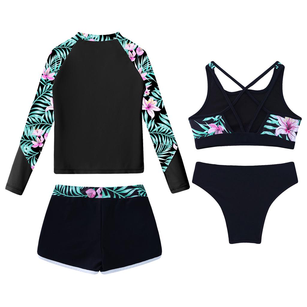 Children‘s 4-Piece Swimsuit Set Printed Long Sleeve Mock Neck Top U Back Crop Top High Waist Swim Shorts and Briefs for Beach Vacation