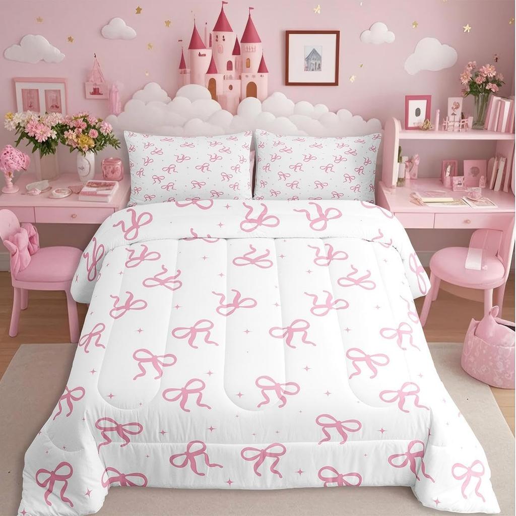 Erosebridal Blue Bow Bedding Set Twin Size - Teen Girl Coquette Bow Comforter Set for Kids Preteen Preppy Trendy Modern Bows Quilt Sets Blue