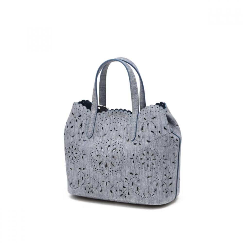 DakS Blue Cowhide Flower Punching Tote Bag S Dcba6e595b2