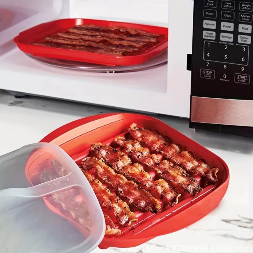 Red Microwave Bacon Pan Wave Anti-stick Design Microwave Bacon Cooker  Breakfast