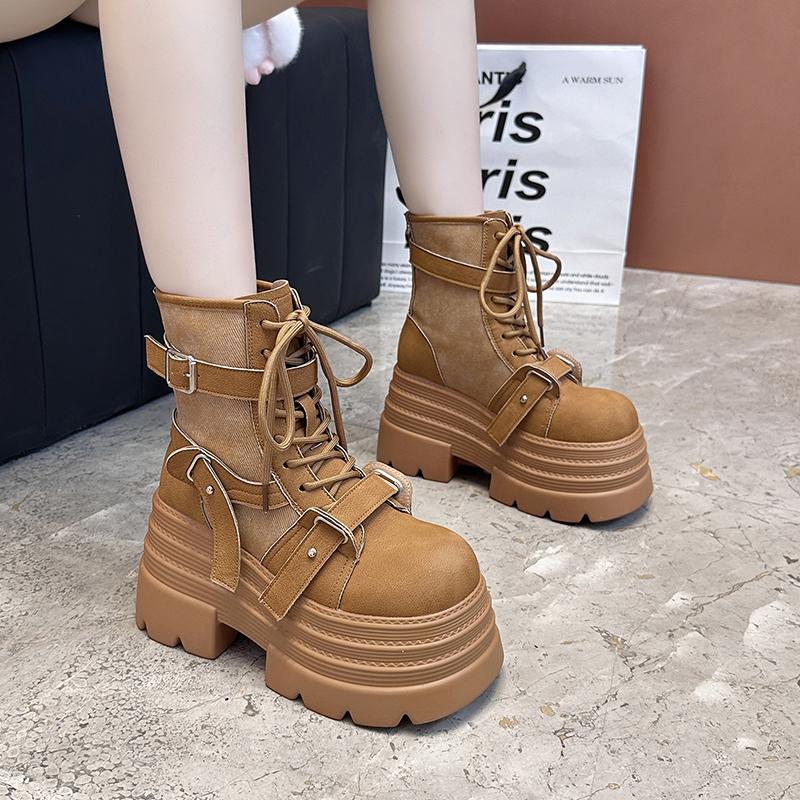 Дизайнерские женские короткие ботинки Новые осенне-зимние замшевые кожаные ботинки на толстой подошве Гладиаторские ботинки на высокой платформе с пряжкой Готические ботинки Mujer Zapatos