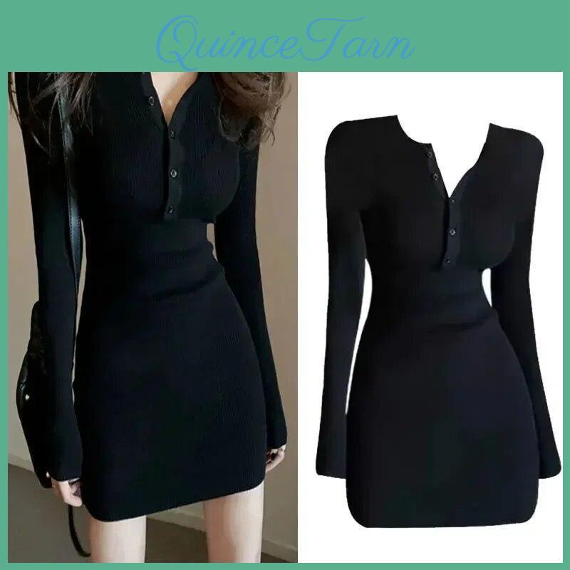 Knitted Long Black Dress Sleeve Women Pullover Slim Tight Sexy Hip Skirt Solid Color Simple Casual New Fashion Hotsweet Gothic