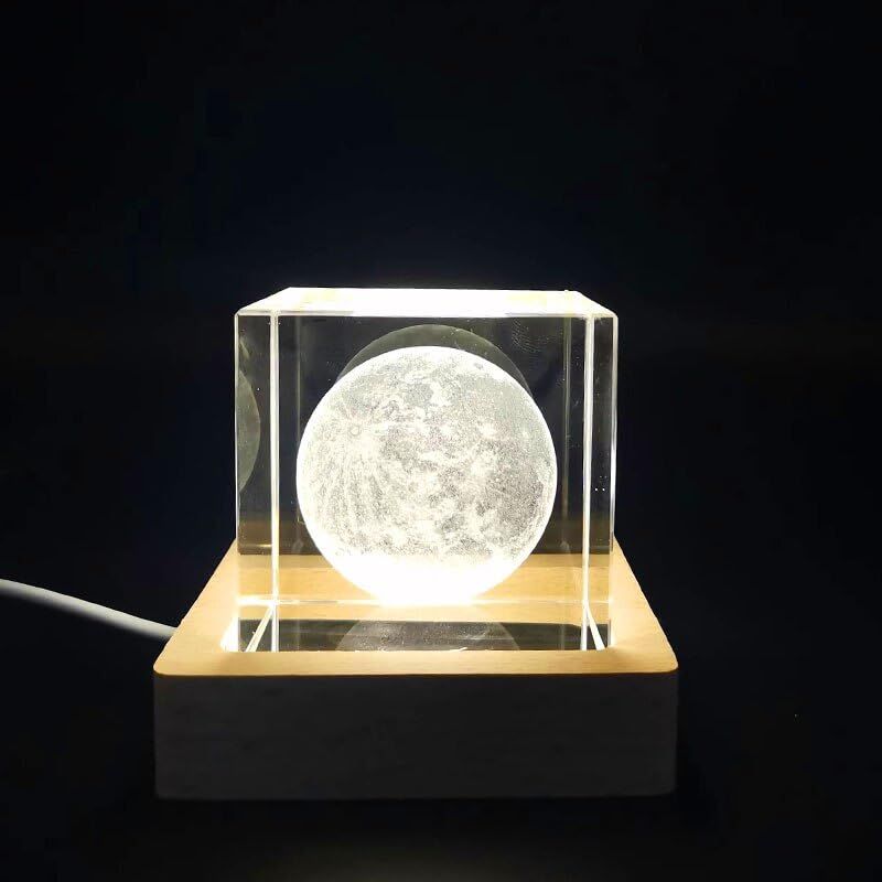 3D Хрустальная Лунная Лампа с USB LED Подсветкой и Деревянной Подставкой | Теплый Белый Хрустальный Кубик Ночник для Спальни, Домашний Декор