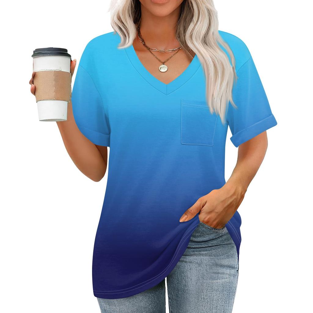 Женские топы с V-образным вырезом и коротким рукавом Блузки Повседневные модные принты Туники Топы с карманами