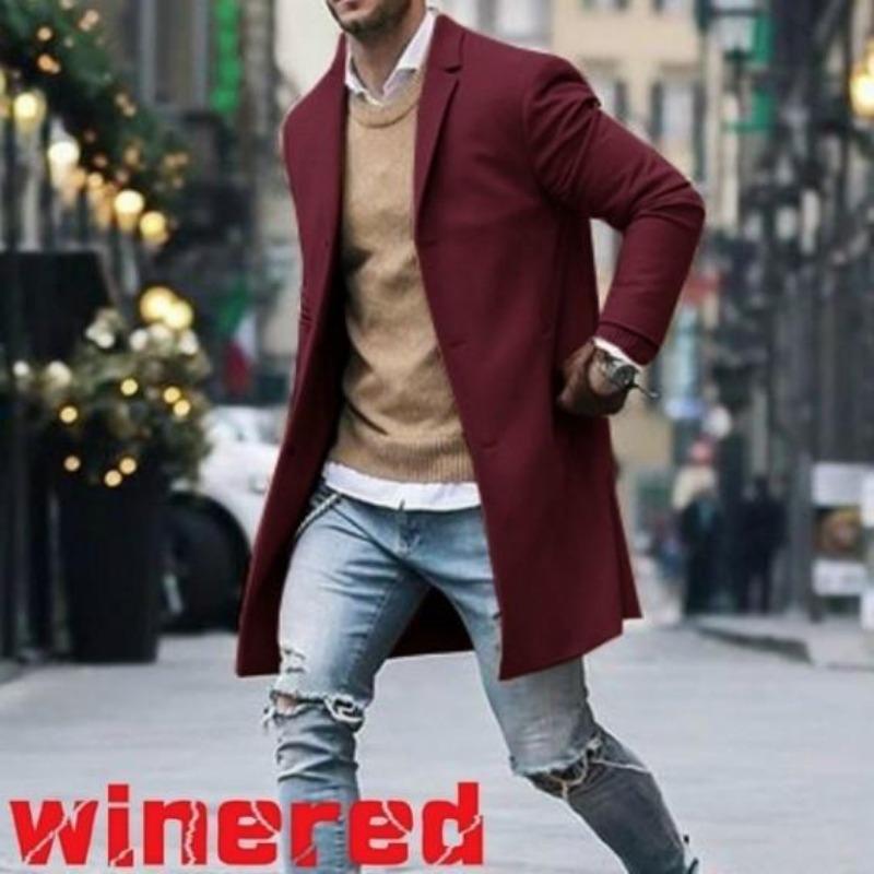 Autumn and Winter New Solid Color Men's Medium and Long Woolen Coat Slim-fit Large Size Single-breasted Trench Coat