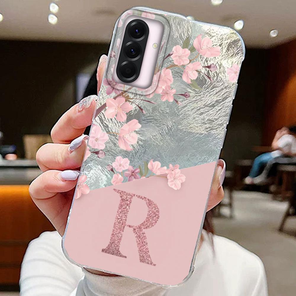 Парные чехлы для телефона с буквами A Z для Samsung Galaxy A56 A36 A16 tpu чехол Розовые цветы Силиконовый Прозрачный чехол Мягкая задняя крышка Fundas Бампер