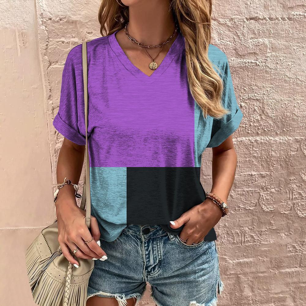 Summer V-neck 3D Color Block Printed Top Fashionable Casual Short Sleeved Women's T-shirts