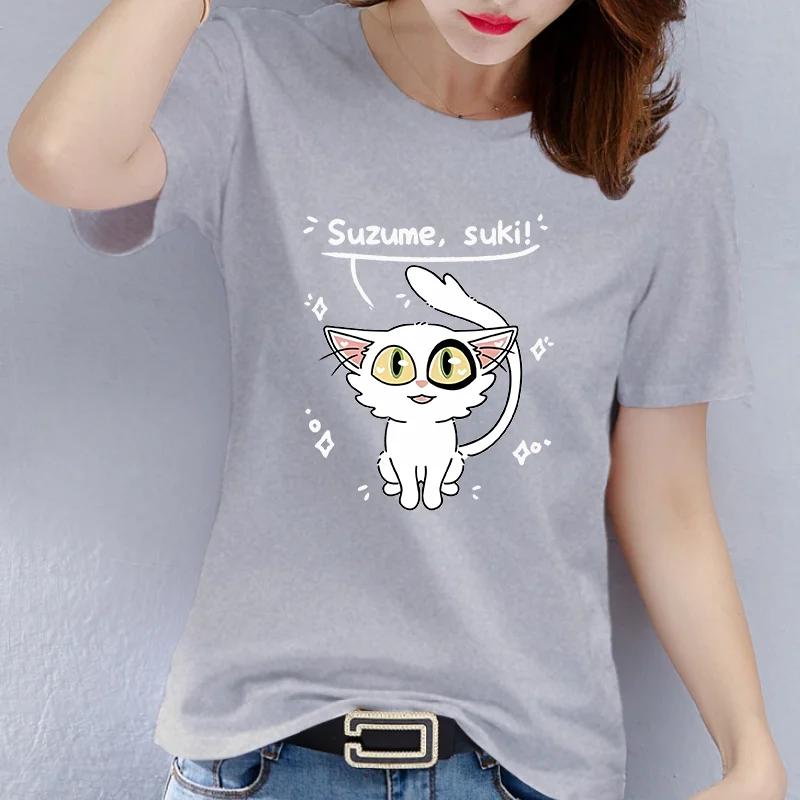 cotton   Anime Suzume Suki White Cat Print T Shirt Women Cute Cartoon Graphic Short Sleeve Casual Summer Red Tee