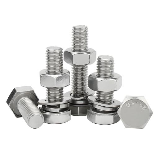 M10 Stainless Steel Fully Threaded Hex Bolts, Nuts, and Flat Lock Washers Kit (M10x25mm, 5-Pack)