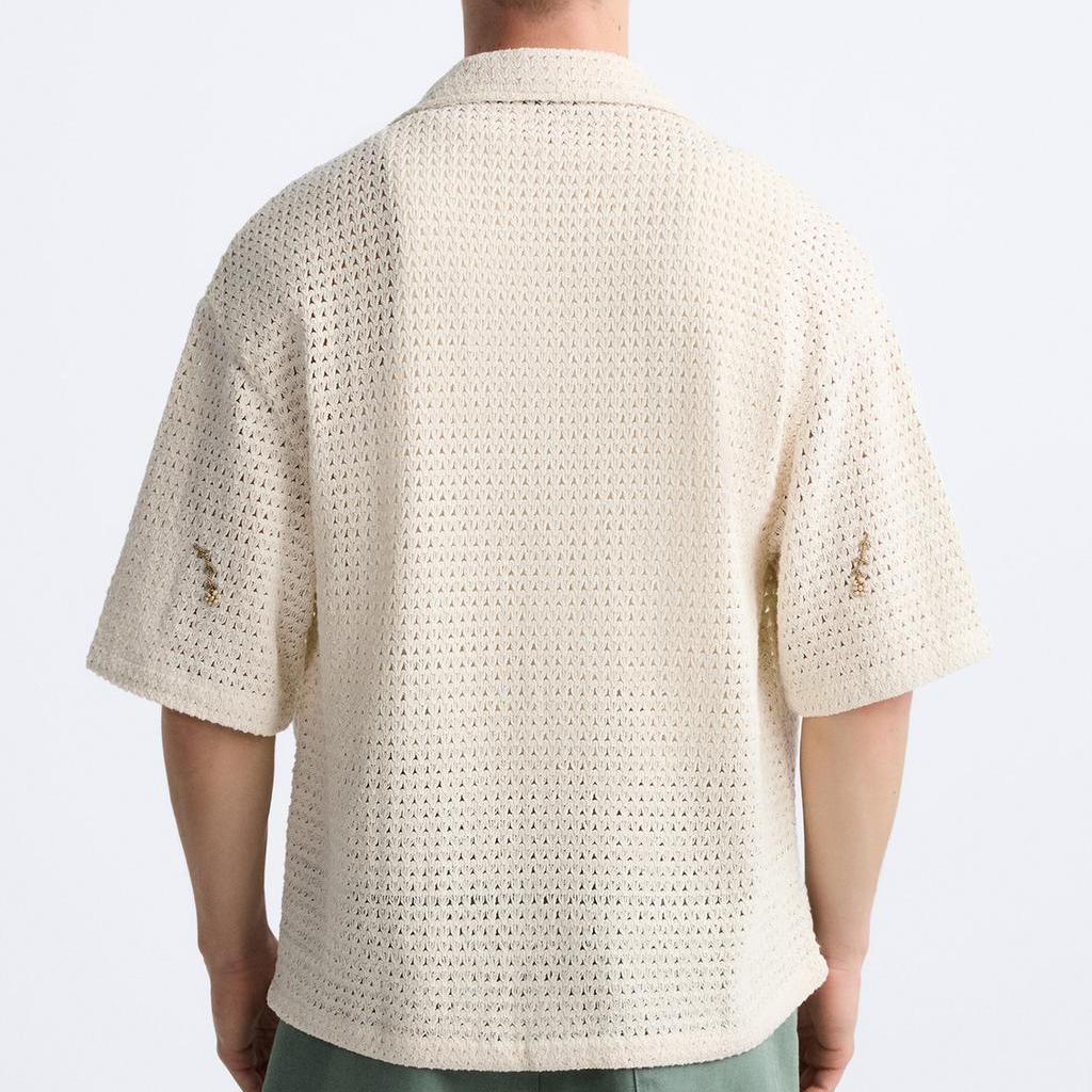 Zara Свободная рубашка с коротким рукавом, связанная крючком, с бисером, мужские рубашки, цвет не совсем белый 0881304-712