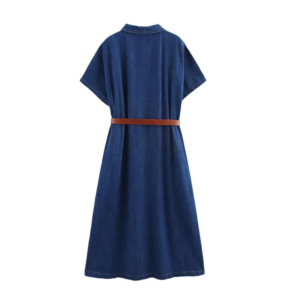 2025 Cotton French Retro Slimming Denim Shirt Dress – High-End Waist-Cinching Long Dress for Women, Autumn Collection
